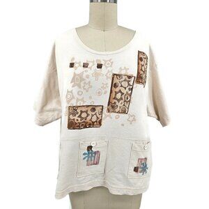 Vtg Bluefish Organic Cotton Top Womens XL? Hand Printed T-Shirt Blue Fish